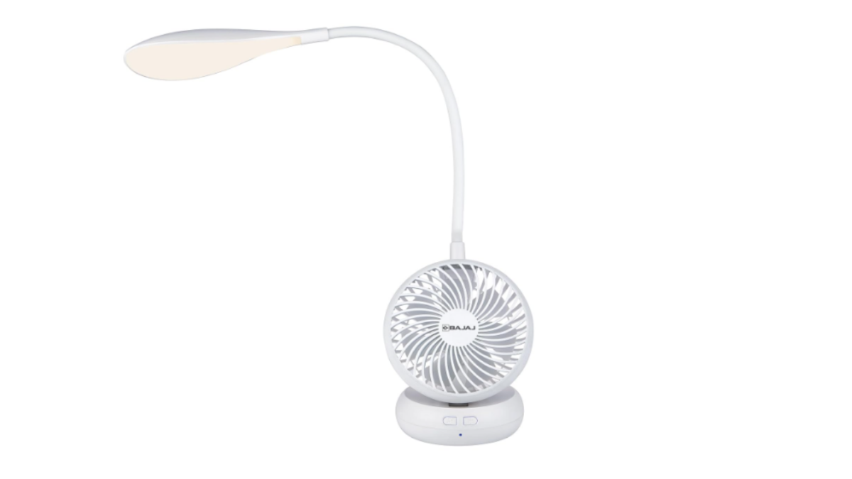 Bajaj AirLight 85 mm personal rechargeable table fan with integrated LED lamp in white