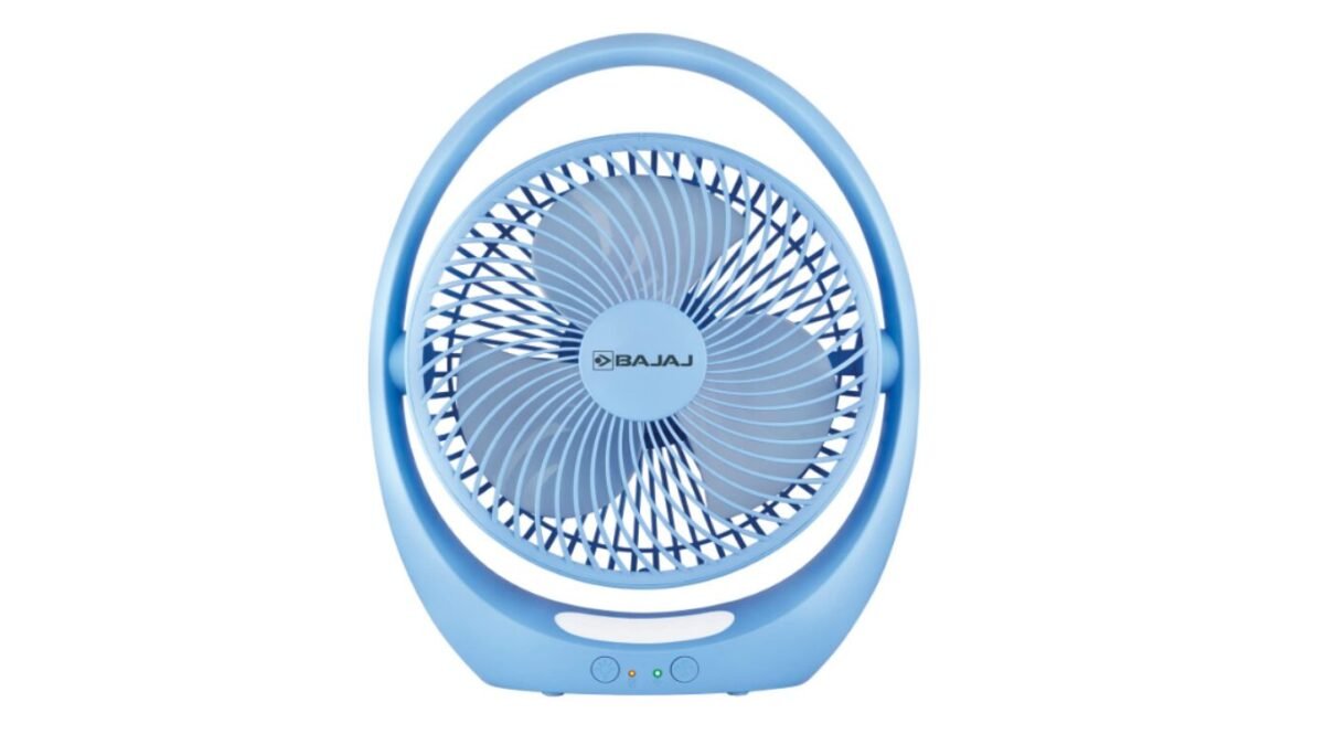 Bajaj Pygmy Go 178 mm cordless mini table fan with built-in LED light in sky blue