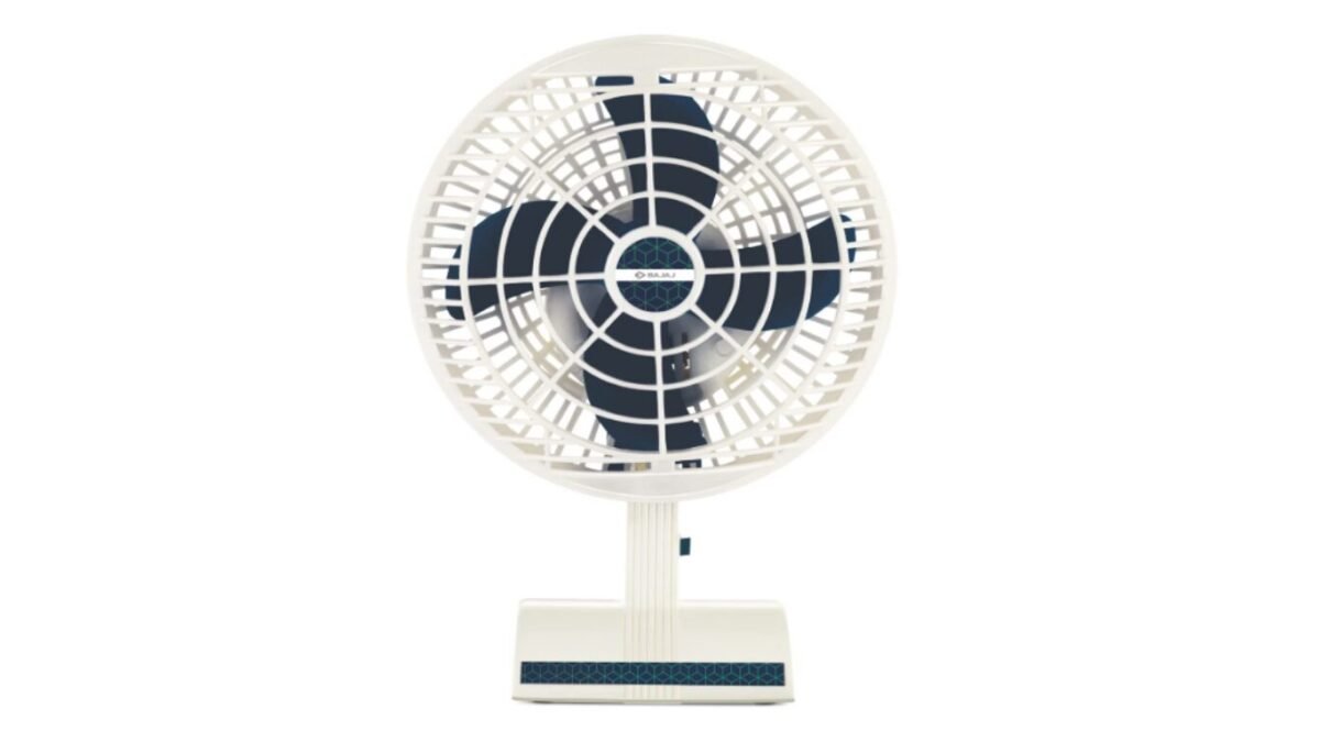 Bajaj Ultima Neo PT-01 200 mm silent table fan with white body and navy-blue blades