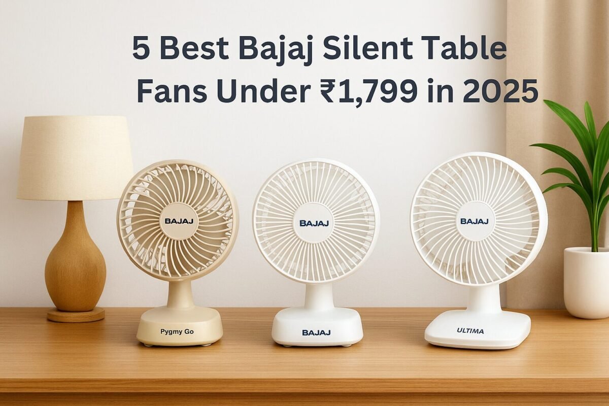 Three Bajaj silent table fans (Pygmy Go, AirLight 85 mm, Ultima Neo PT-01) on a wooden table against a bright white wall with a potted plant to the side and the title text above