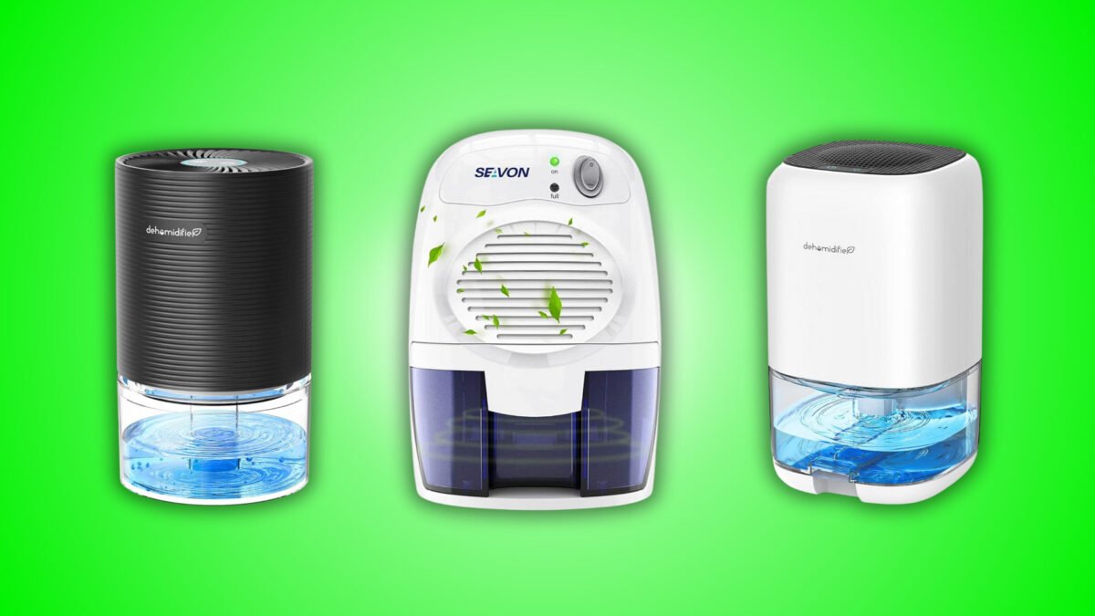 Top 5 best dehumidifiers in India 2025 for small rooms and 1 BHK homes – compact, quiet models shown on a green background.