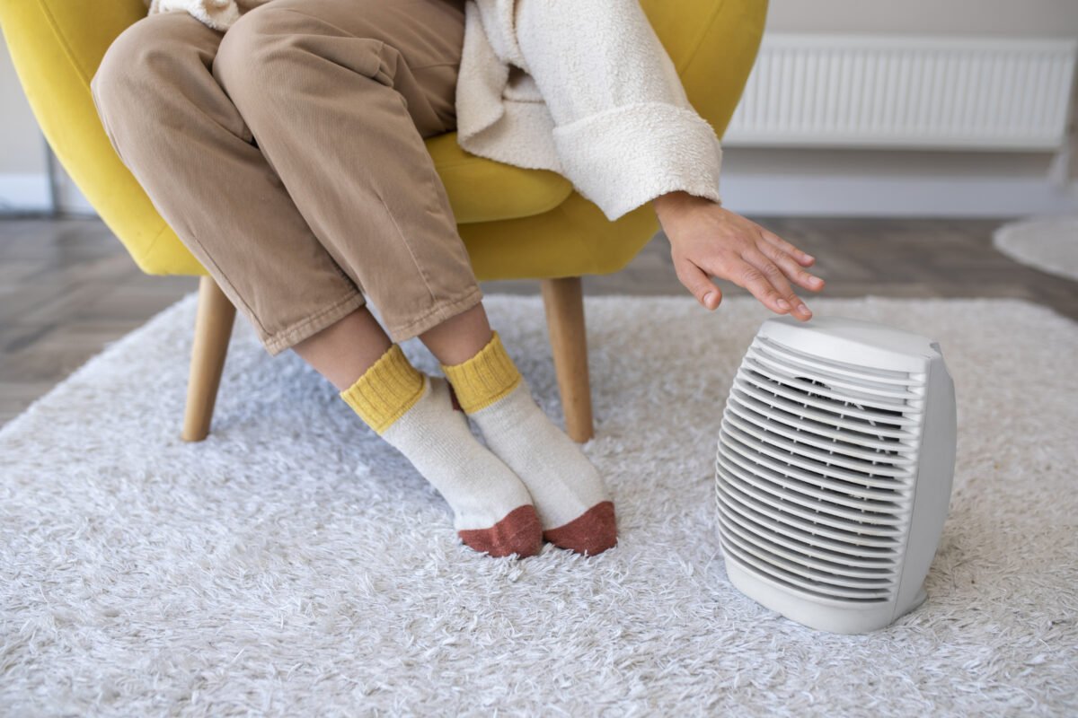 Person sitting comfortably beside a compact home appliance – best dehumidifier for small Indian rooms or 1BHK apartments
