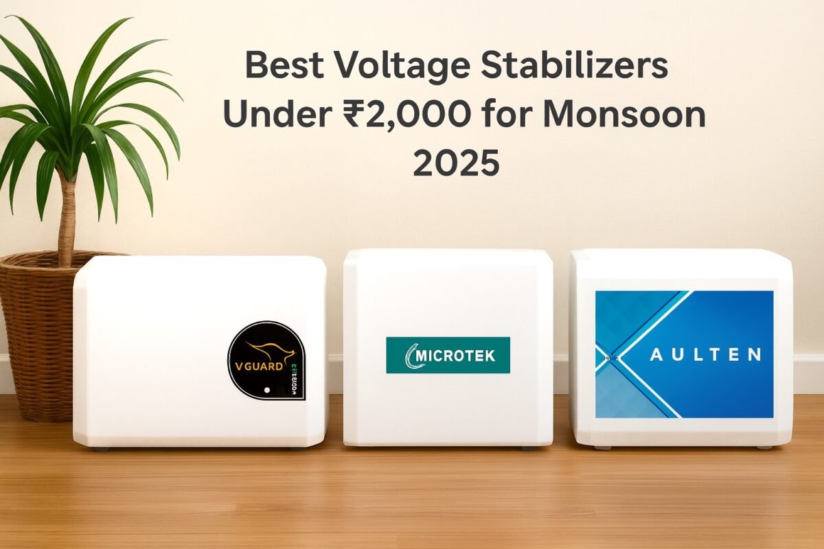 V-Guard, Microtek, and AULTEN voltage stabilizers on a wooden floor against a bright white wall with the title text above