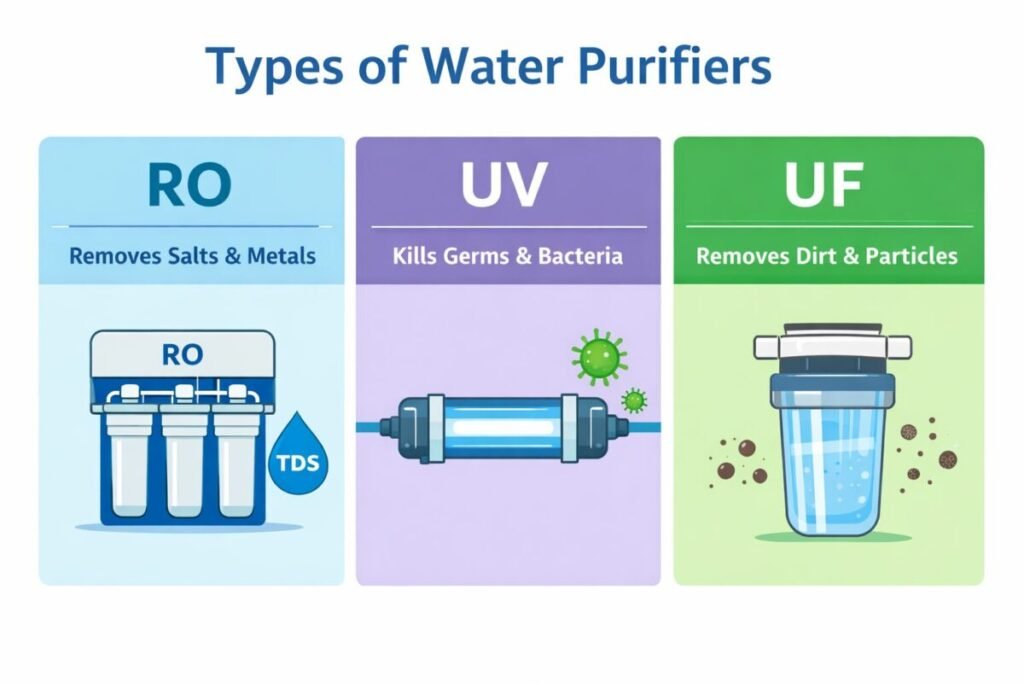 types of water purifiers ro uv uf difference explained